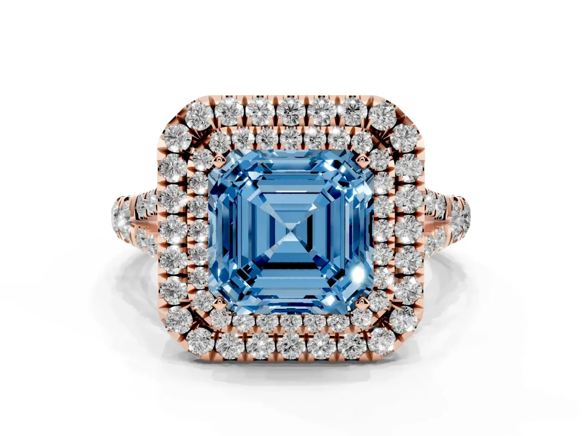 Fancy Blue Asscher Cut Cut Double Halo Split Shank Diamond Ring with Prong Setting Rose gold