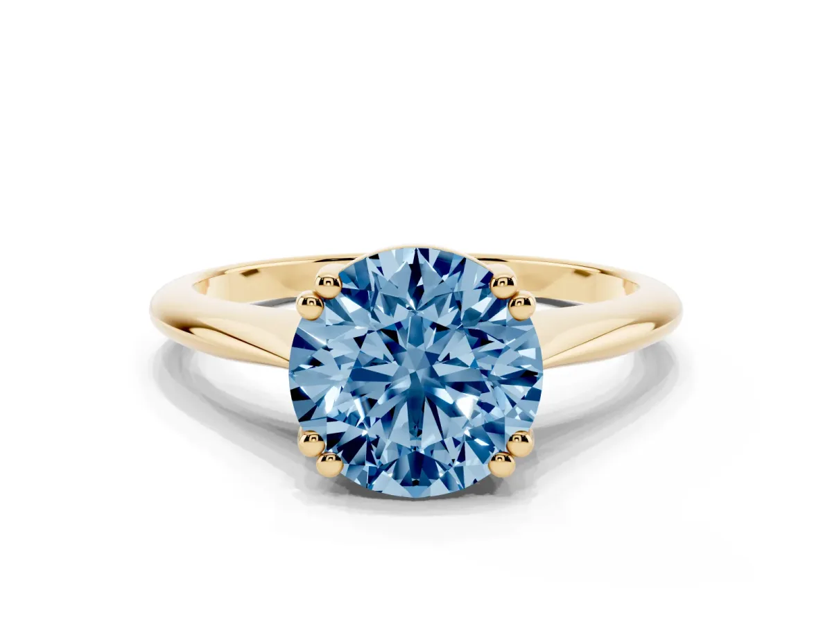 Fancy Blue Round Cut Solitaire Diamond Ring with Six-Prong Setting and Classic Band Yellow gold