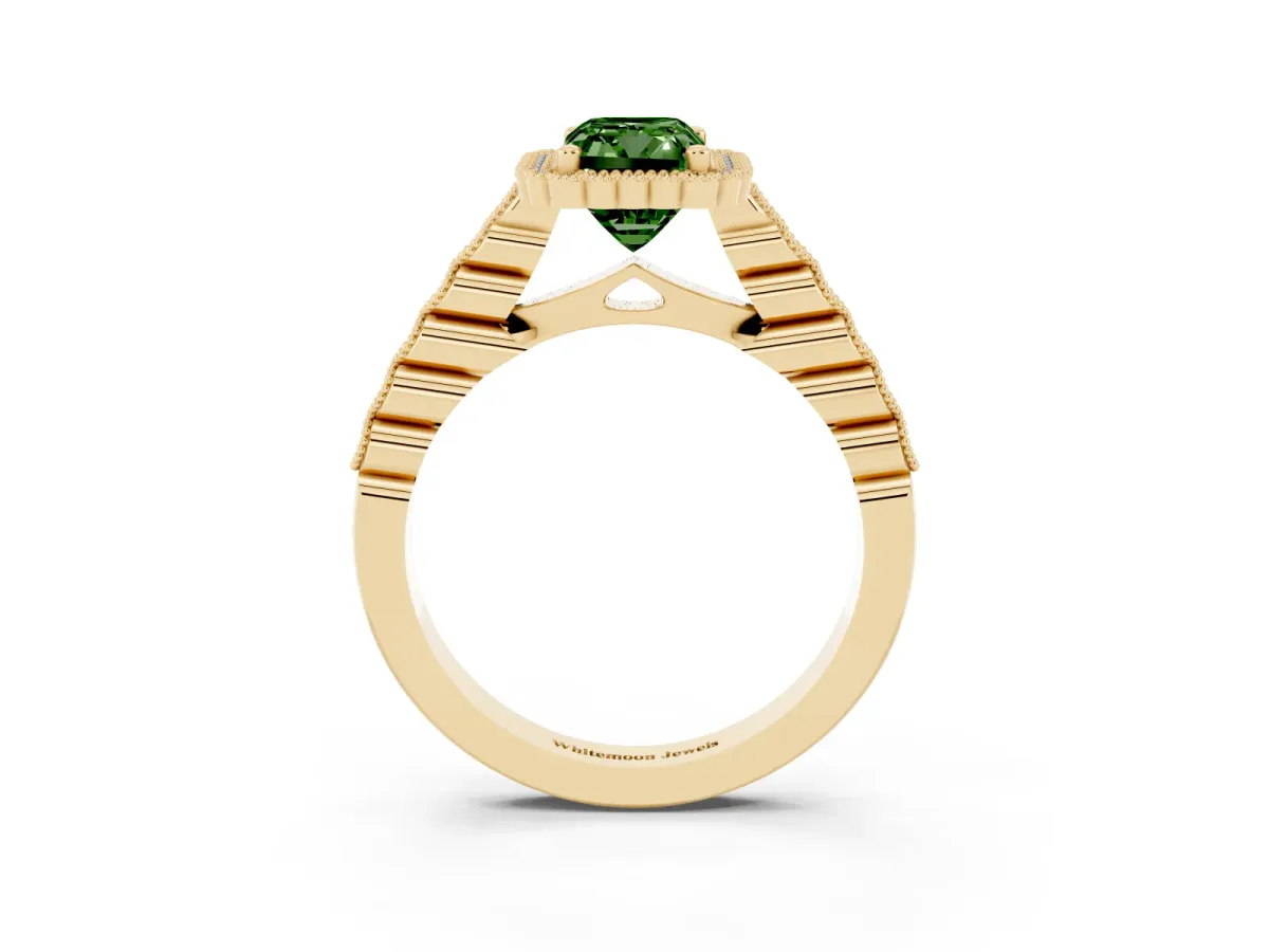Fancy Green Radiant Cut Cut Halo Pavé Solitaire Ring with Milgrain Band Yellow gold