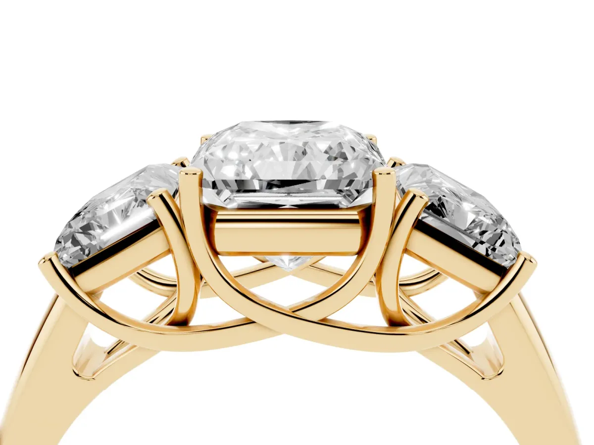 Three-Stone Radiant Cut Diamond Engagement Ring with Prong Setting Yellow gold
