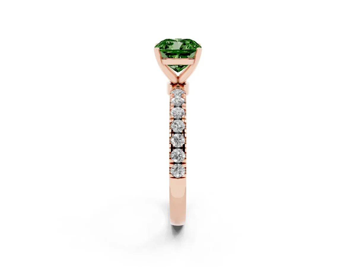 Fancy Green Cushion Cut Diamond Solitaire Ring with Pavé Accents and Four-Prong Setting Rose gold