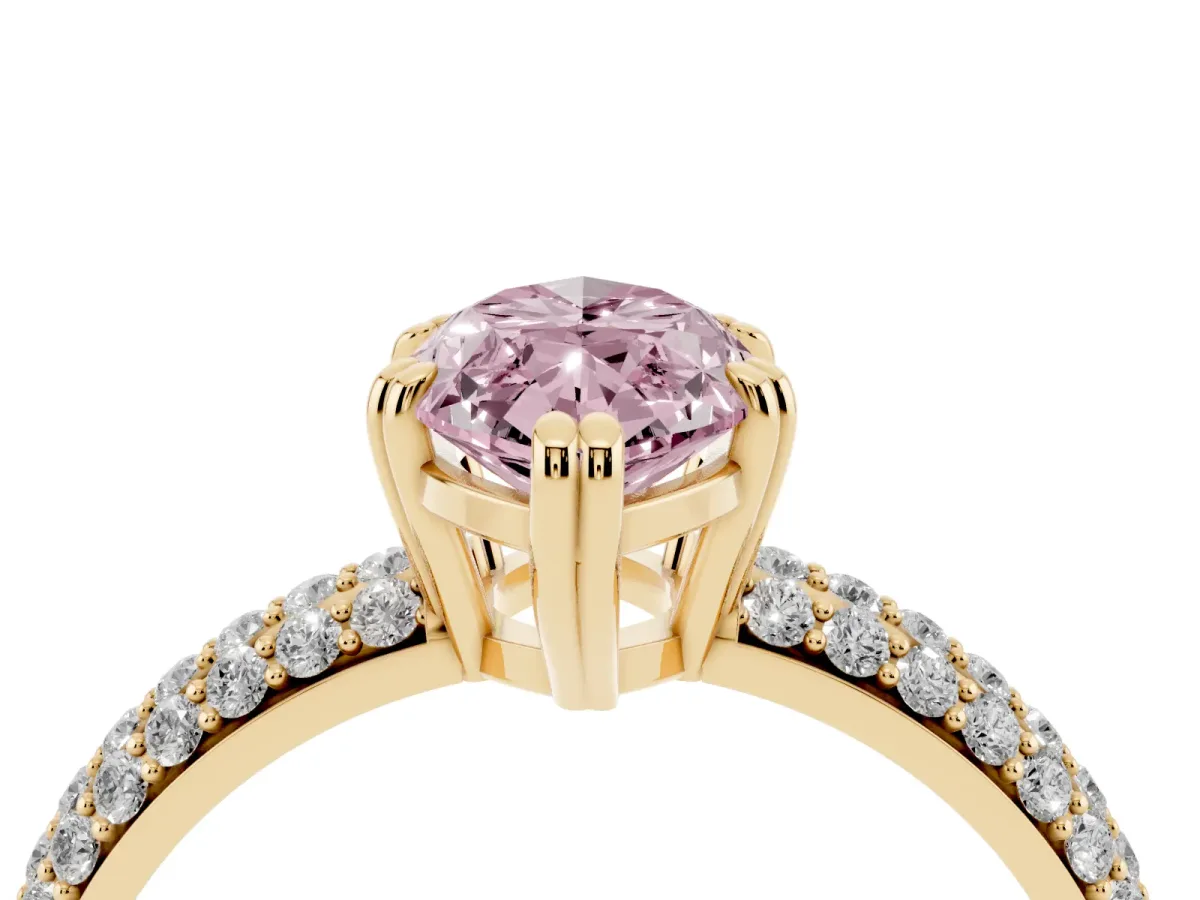 Fancy Pink Marquise Cut Diamond Solitaire Ring with Multi-Row Round Pavé Band and Prong Setting Yellow gold