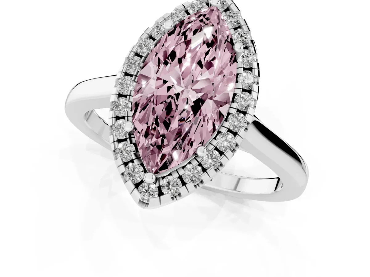 Fancy Pink Marquise Cut Halo Round Diamond Solitaire Ring with Pavé Band and Four-Prong Setting Silver