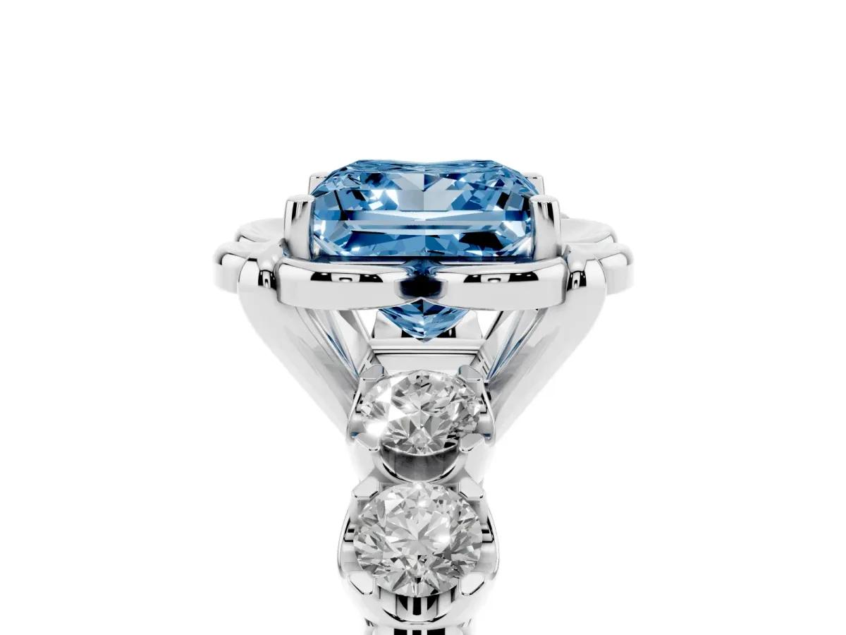 Fancy Blue Princess Cut Cut Diamond Floral Halo Engagement Ring with Shared Prong Setting Silver