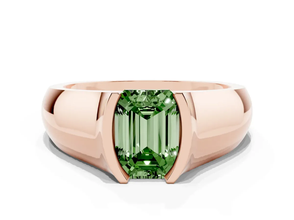 Fancy Green Emerald Cut Solitaire Bezel Set Diamond Ring with Wide Band Rose gold