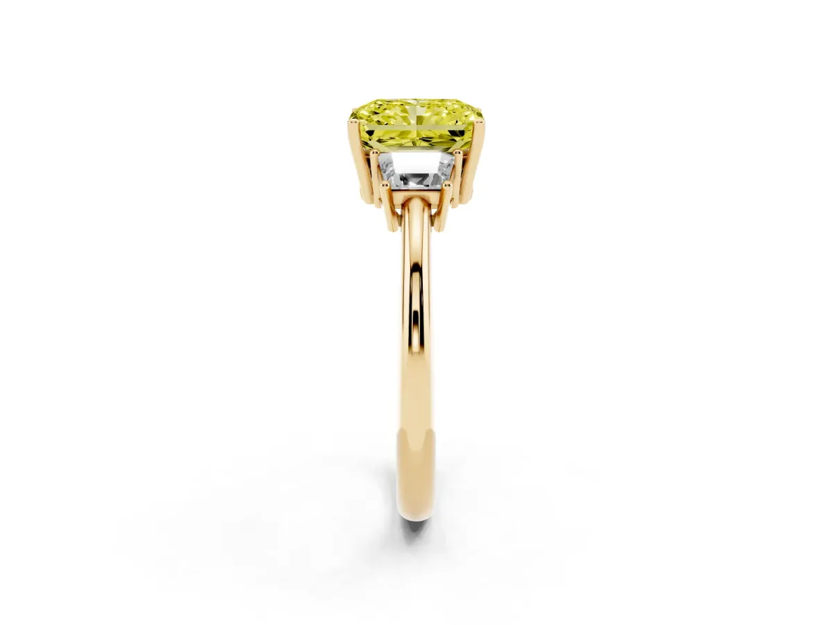 Fancy Yellow Radiant Cut Diamond Three-Stone Ring with Trapezoid Side Stones and Prong Setting Yellow gold