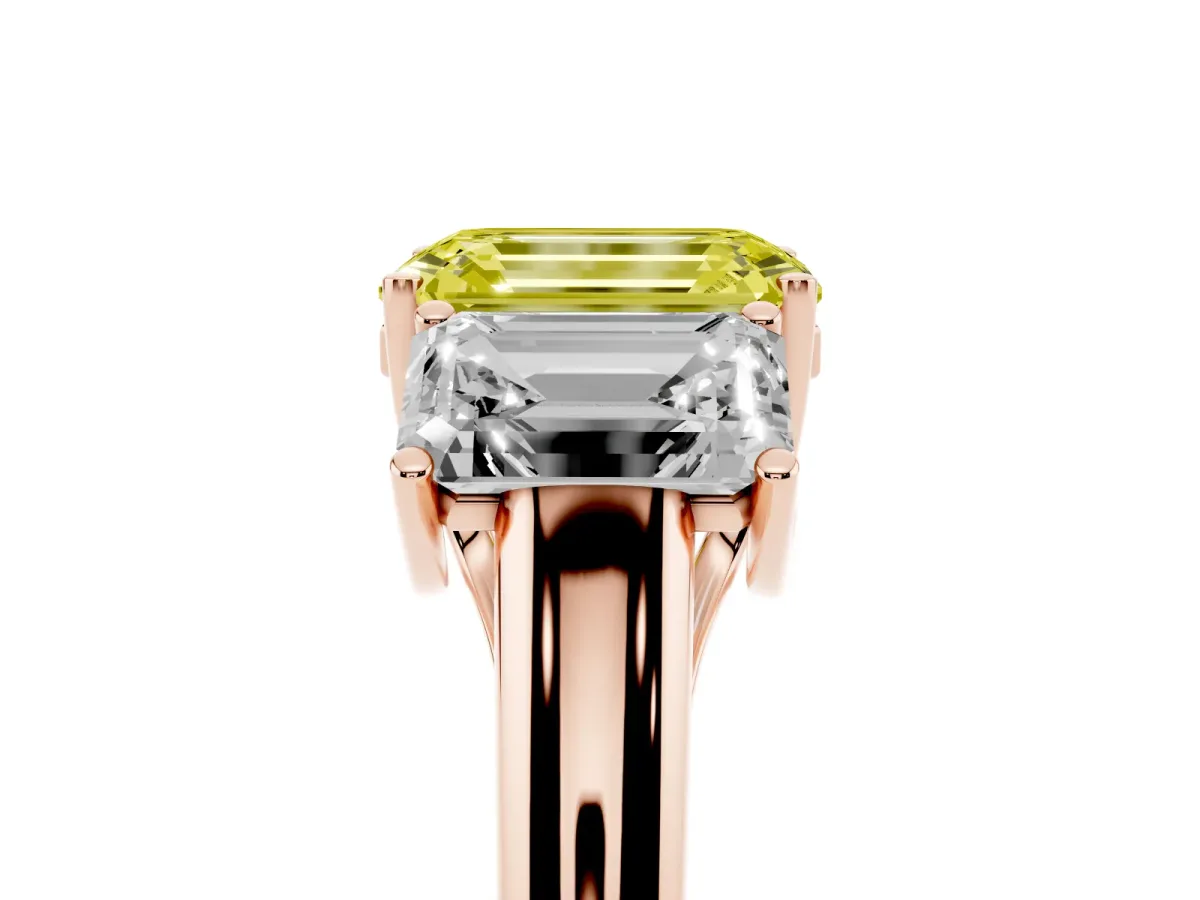 Fancy Yellow Three-Stone Emerald Cut Diamond Engagement Ring with Prong Setting Rose gold