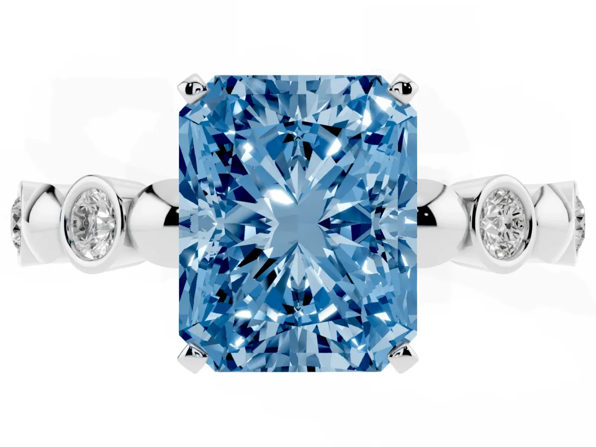 Fancy Blue Radiant Cut Solitaire Bezel-Set Diamond Ring with Beaded Band and Four-Prong Setting Silver