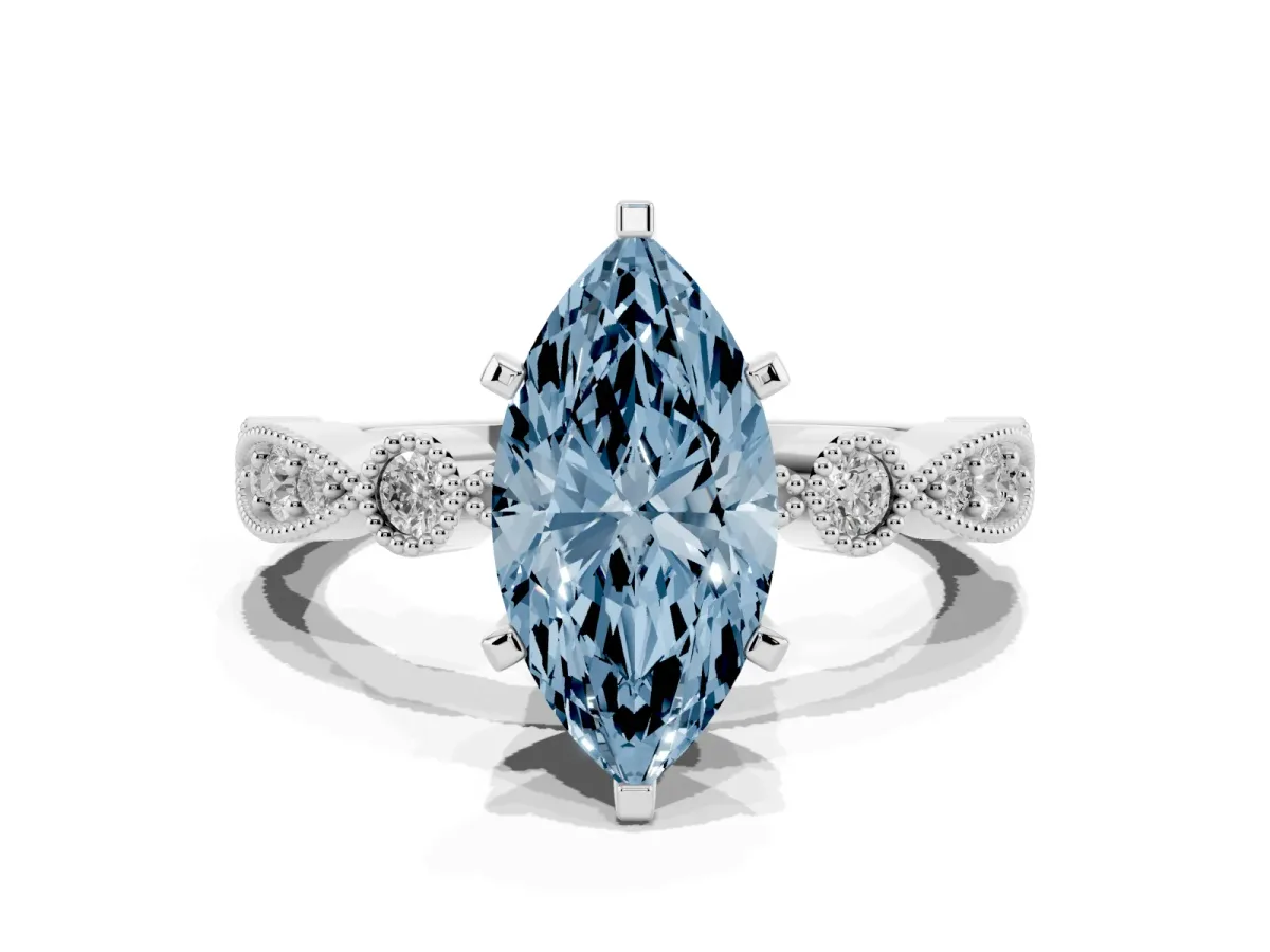 Fancy Blue Marquise Cut Milgrain Bezel Diamond Engagement Ring with Solitaire Prong Setting Silver