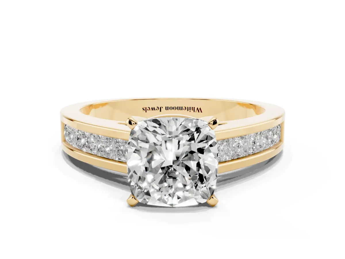 Cushion Cut Solitaire Diamond Ring with Channel-Set Band and Four-Prong Setting Yellow gold