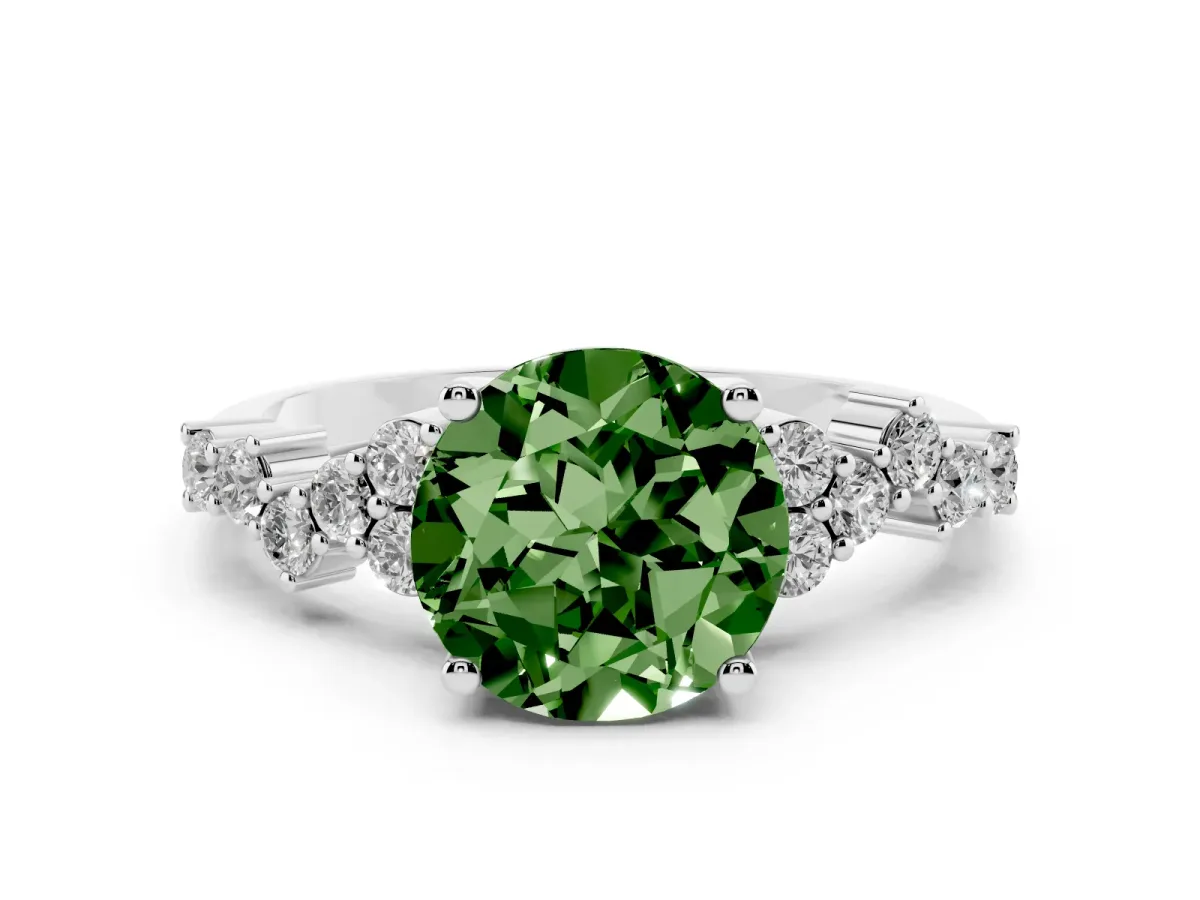 Fancy Green Round Cut Diamond Scattered Round Accent Ring with Prong Setting Platinum