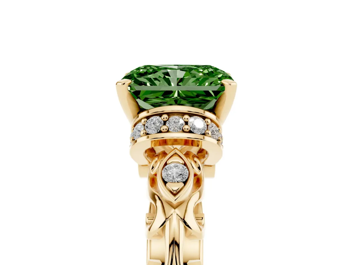 Fancy Green Radiant Cut Diamond Solitaire Ring with Filigree Band and Four-Prong Setting Yellow gold