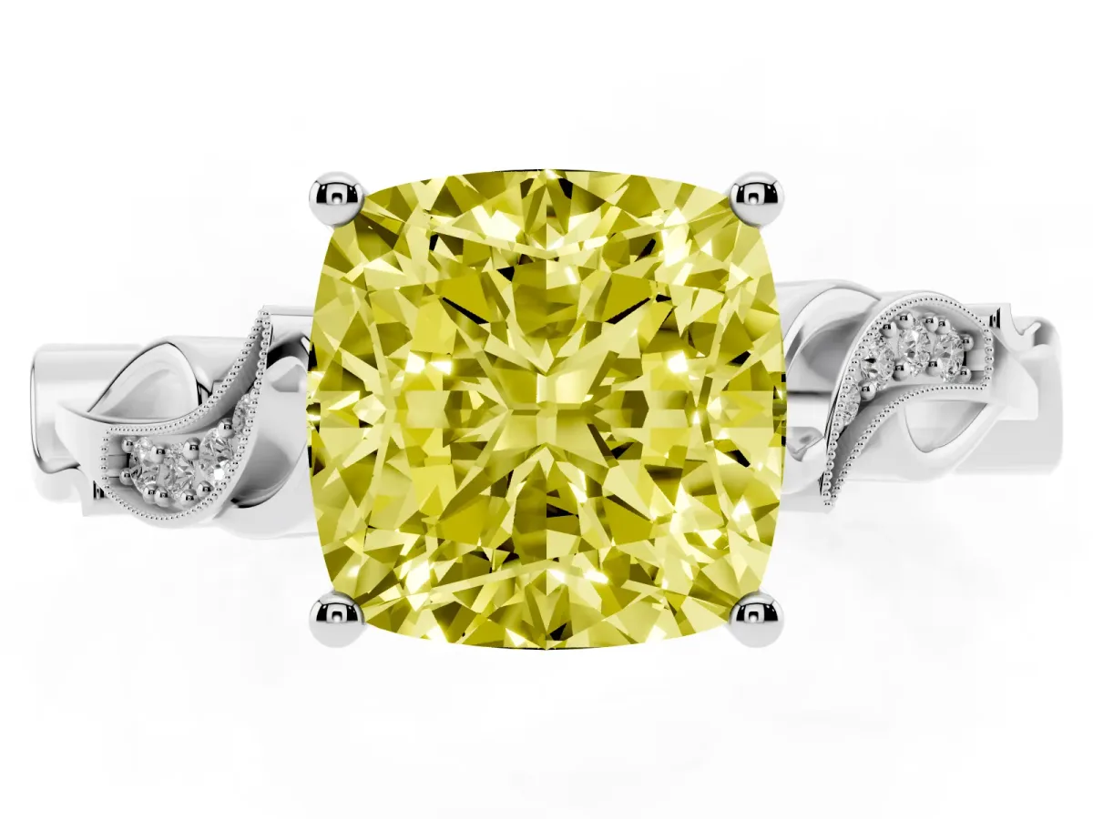 Fancy Yellow Cushion Cut Solitaire Vine Band with Milgrain Prong Setting Silver