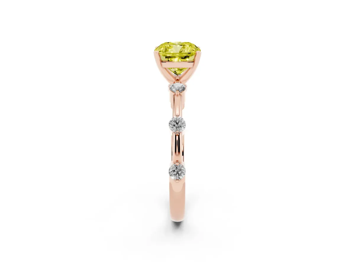 Fancy Yellow Cushion Cut Solitaire Diamond Ring with Bezel Set Side Stones and Prong Setting Rose gold