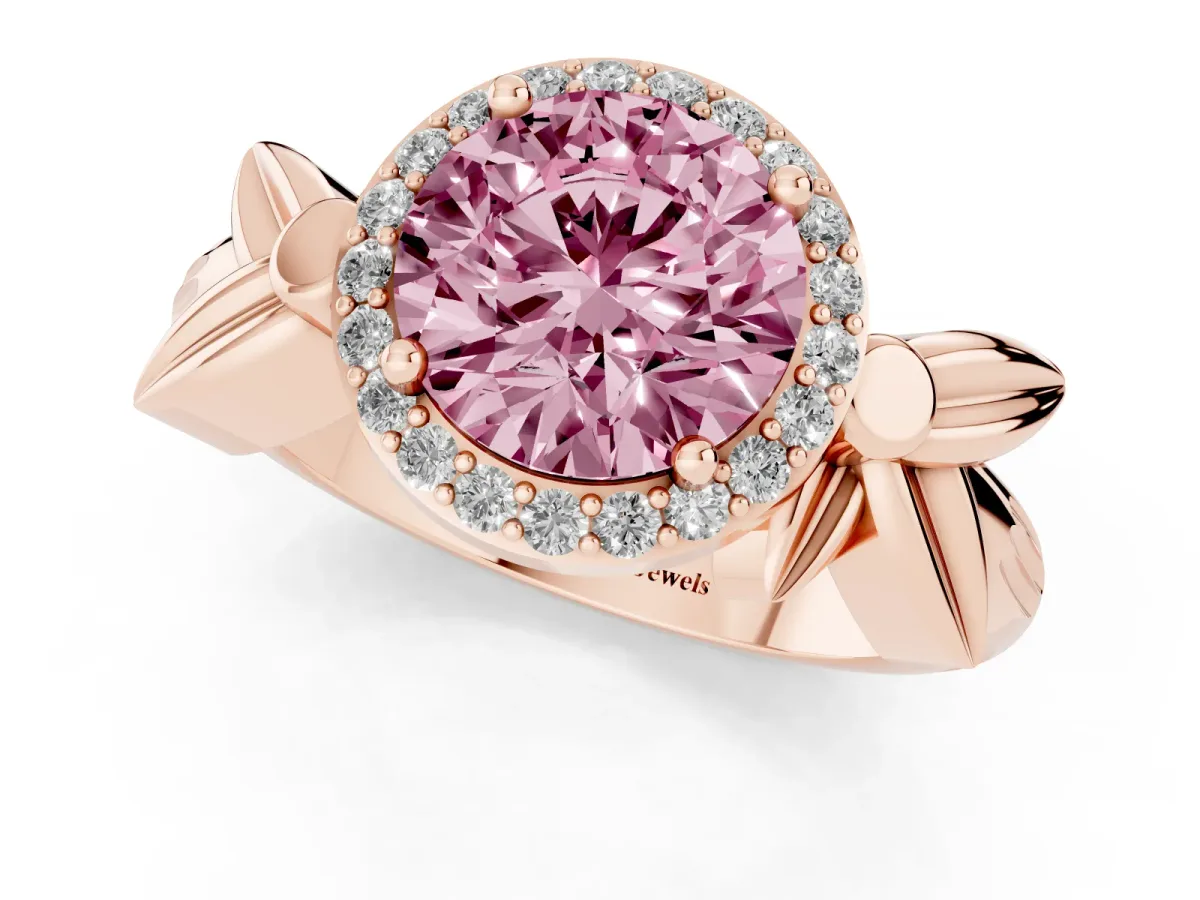 Fancy Pink Round Cut Halo Diamond Floral Band with Four-Prong Setting Rose gold