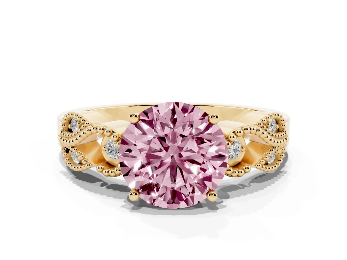 Fancy Pink Round Cut Solitaire Milgrain Leaf Band with Prong Setting Yellow gold