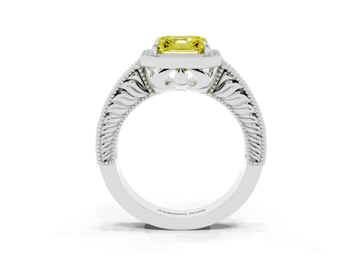 Fancy Yellow Asscher Cut Cut Halo Diamond Ring with Pavé Band and Four-Prong Setting Platinum