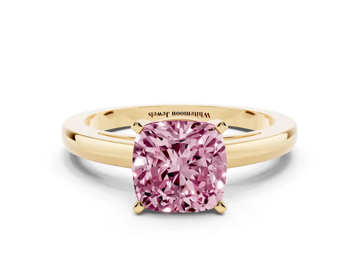 Fancy Pink Cushion Cut Solitaire Diamond Engagement Ring with Four-Prong Setting on a Classic Band Yellow gold