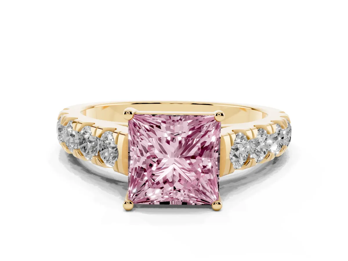 Fancy Pink Princess Cut Cut Diamond Solitaire Ring with Micro Pave Band and Prong Setting Yellow gold