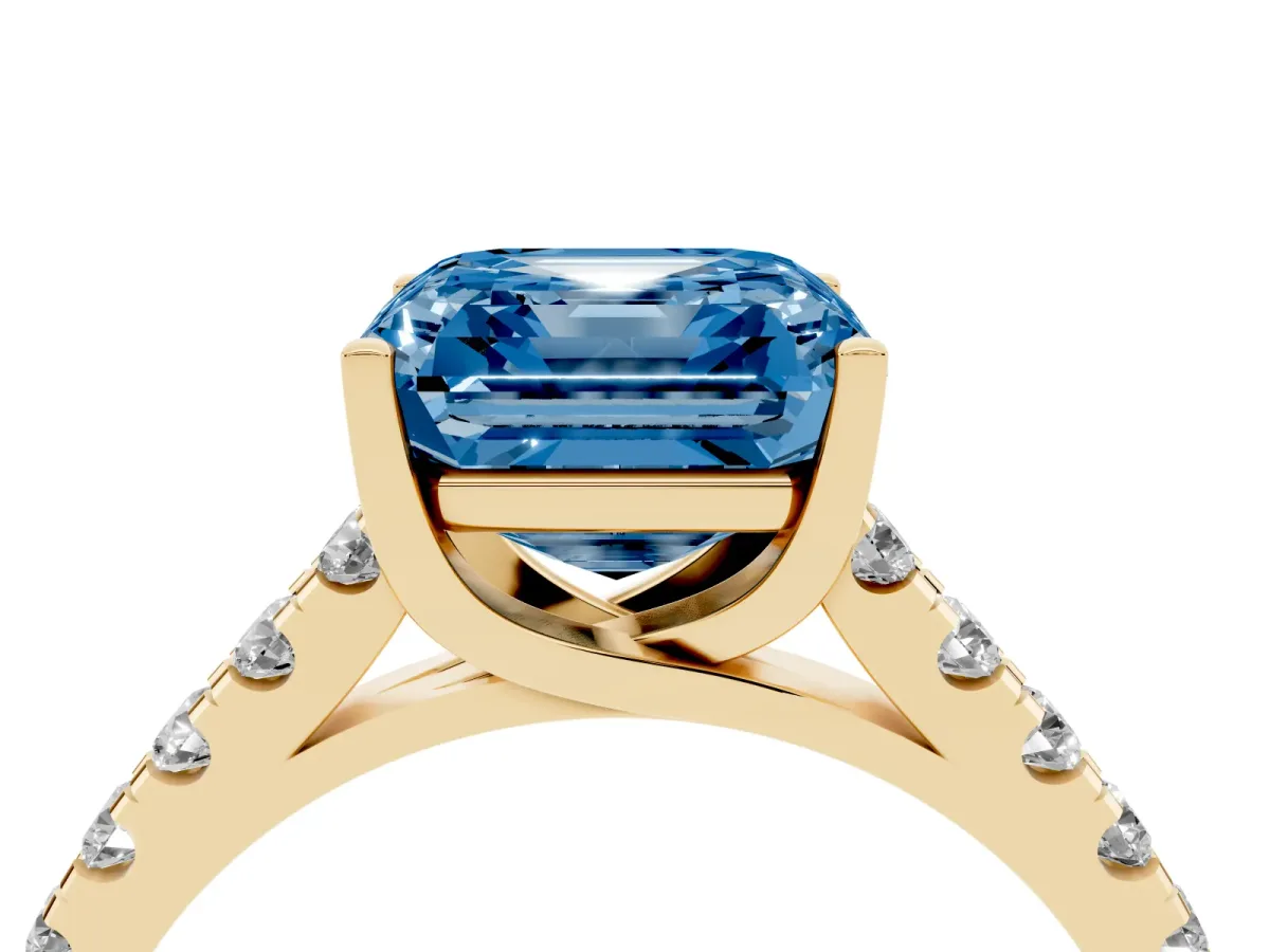 Fancy Blue Asscher Cut Diamond Pavé Band Solitaire Ring with Prong Setting Yellow gold
