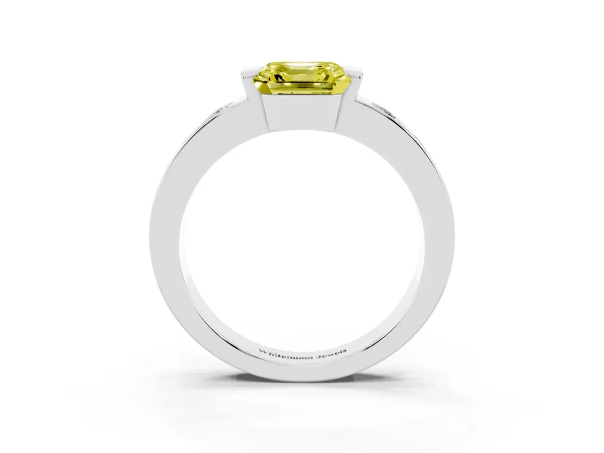 Fancy Yellow Asscher Cut Brilliant Channel-Set Diamond Ring with Bezel Prong Setting Platinum