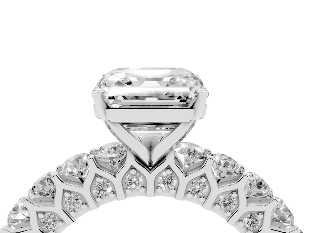Asscher Cut Diamond Solitaire Ring with Shared Prong Pavé Band and Four-Prong Setting Silver