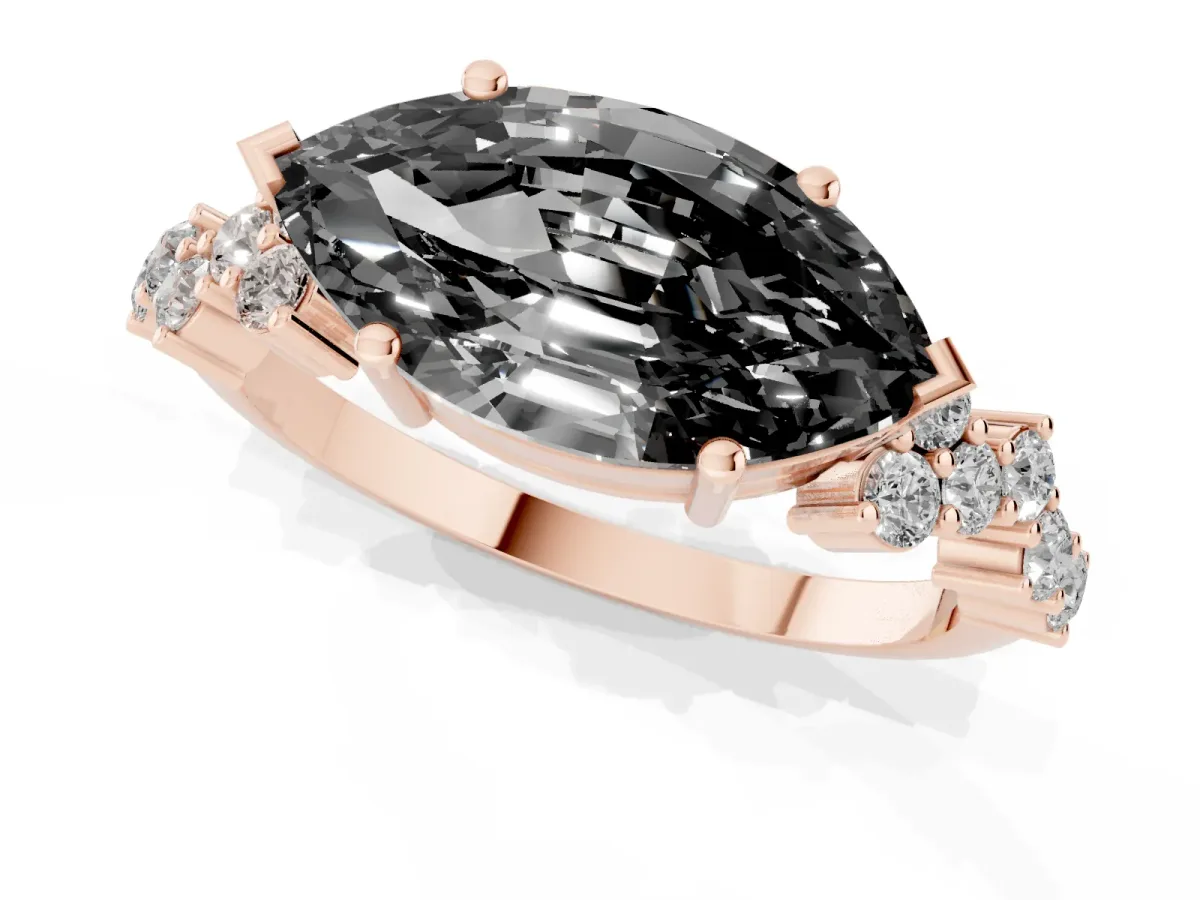 Fancy Black Marquise Cut Diamond Scattered Round Accent Ring with Prong Setting Rose gold