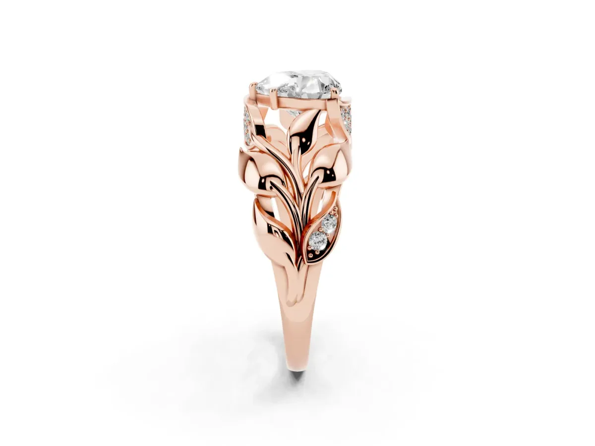 Heart Cut Diamond Leaf-Inspired Engagement Ring with Round Accents and Prong Setting Rose gold