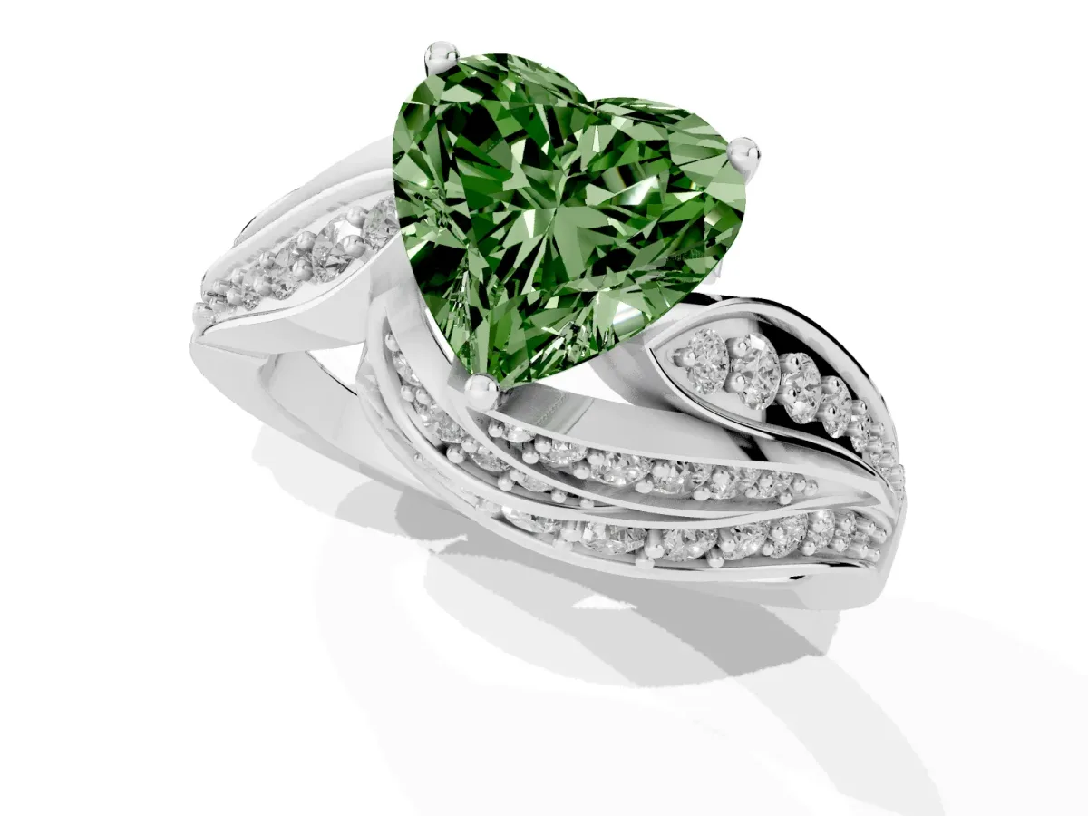 Fancy Green Heart Cut Diamond Solitaire Ring with Prong Setting and Twisted Pavé Band White gold