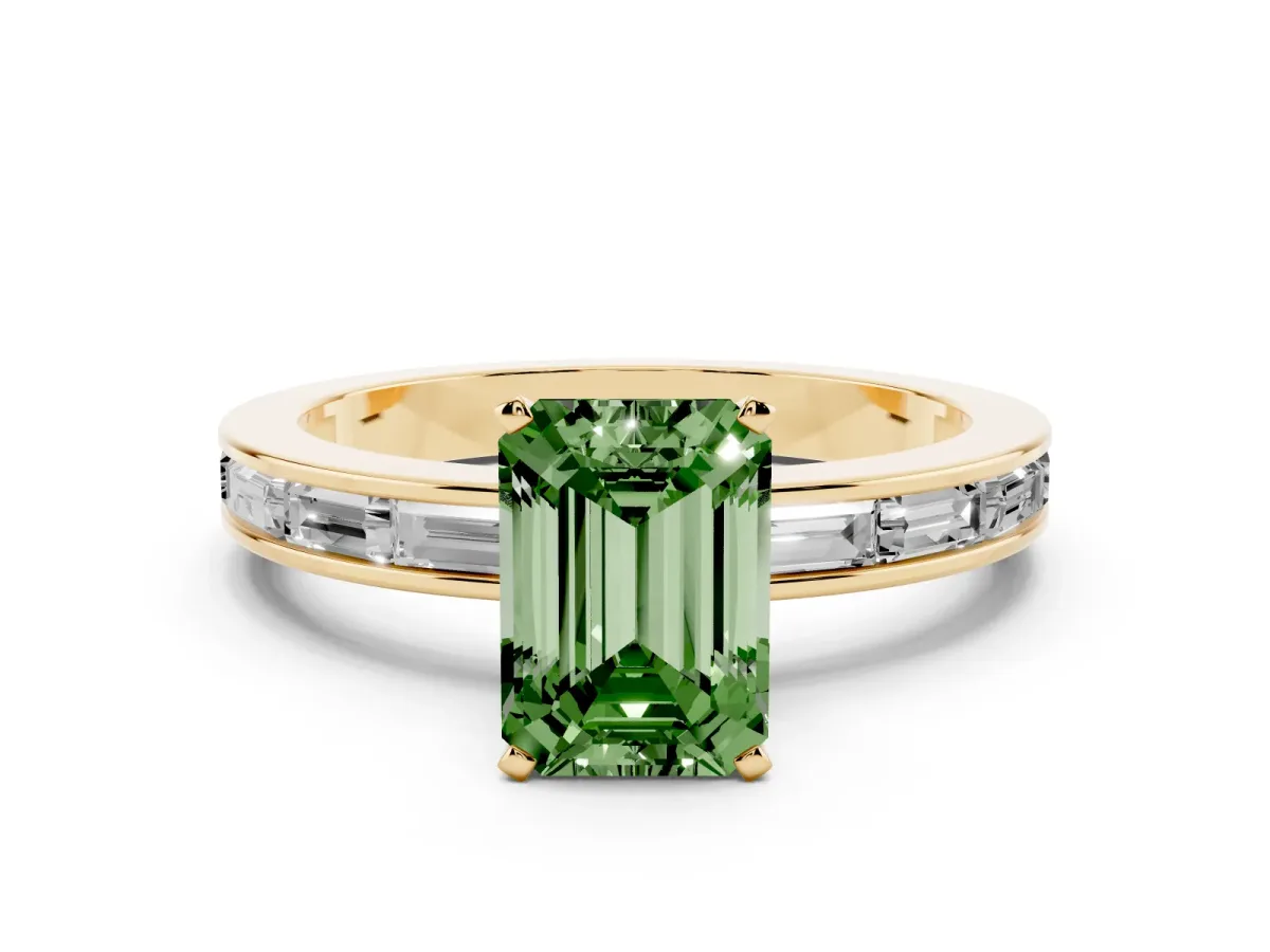 Fancy Green Emerald Cut Solitaire Diamond Ring with Channel-Set Baguette Band and Four-Prong Setting Yellow gold