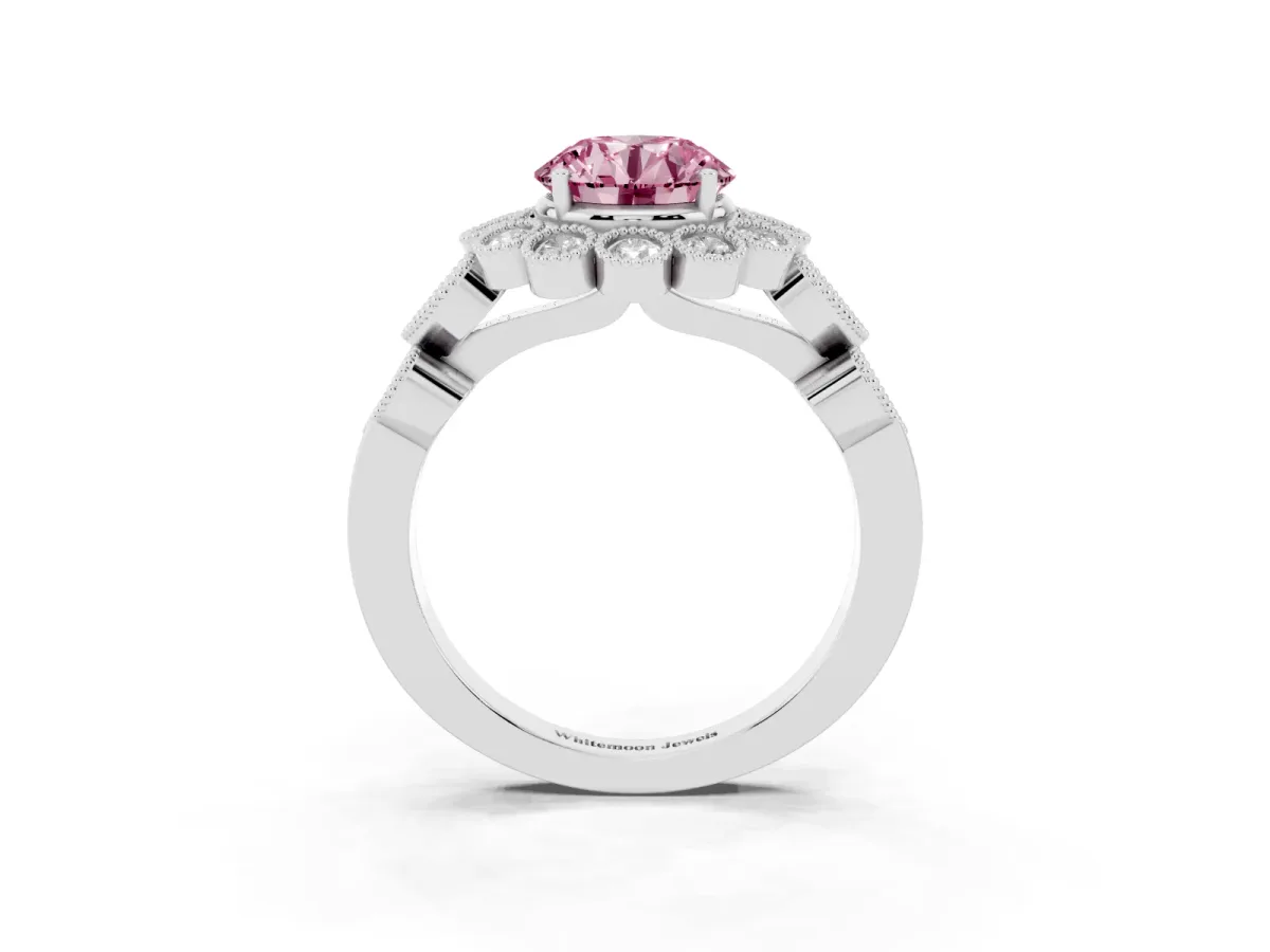 Fancy Pink Round Cut Brilliant Milgrain Pave Heart Band Solitaire Ring Platinum