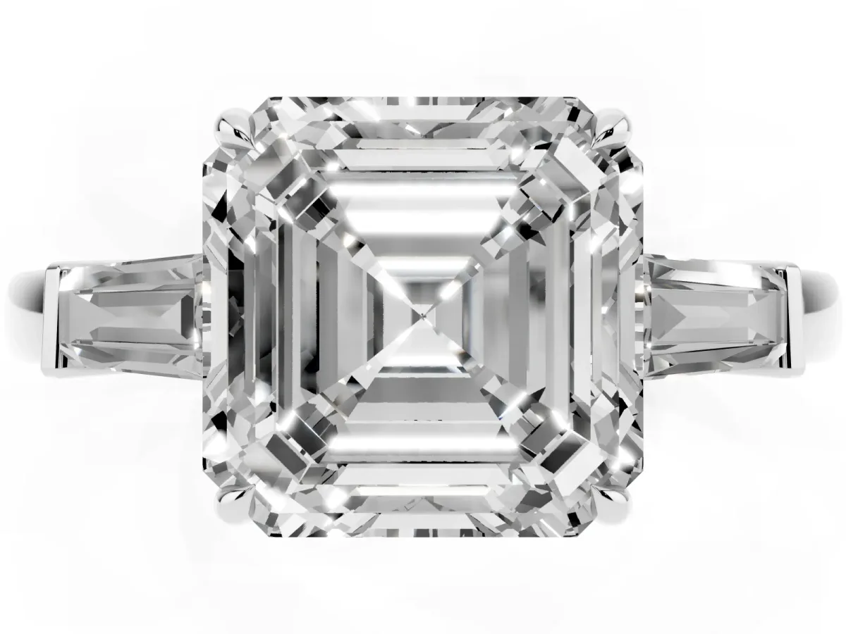 Asscher Cut Diamond Three-Stone Ring with Tapered Baguette Side Stones and Prong Setting Silver