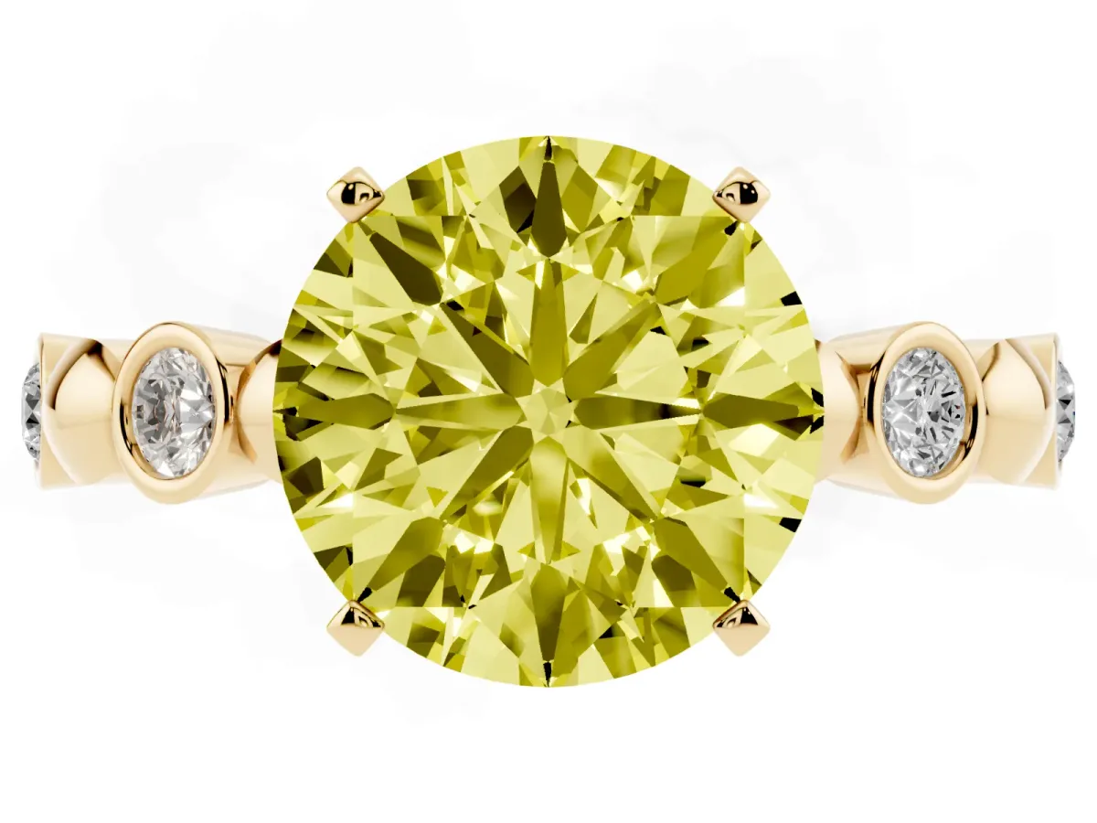 Fancy Yellow Round Cut Solitaire Bezel-Set Diamond Ring with Beaded Band and Four-Prong Setting Yellow gold