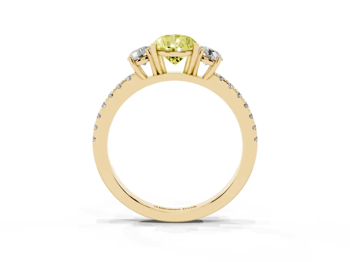 Fancy Yellow Three-Stone Pear Cut Cut Diamond Pavé Band with Prong Setting Yellow gold