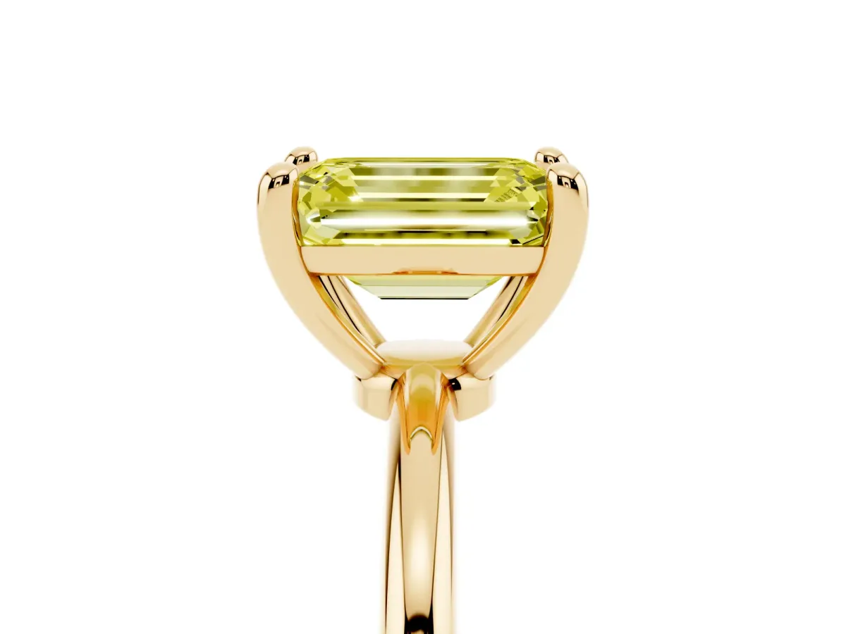 Fancy Yellow Emerald Cut Solitaire Diamond Ring with 4-Prong Setting on a Classic Band Yellow gold