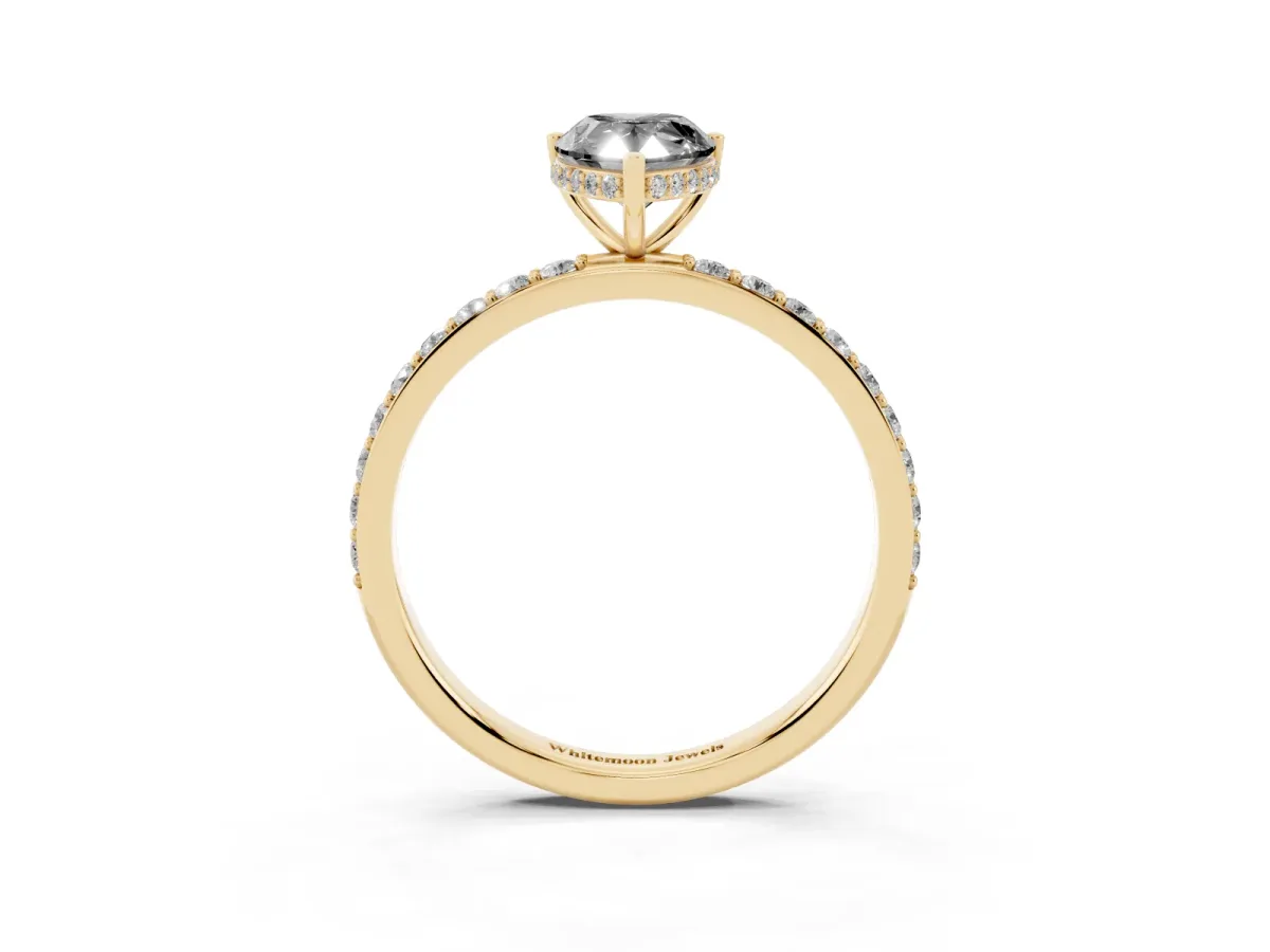 Fancy Black Pear Cut Diamond Solitaire Ring with Pavé Band and Hidden Halo Yellow gold