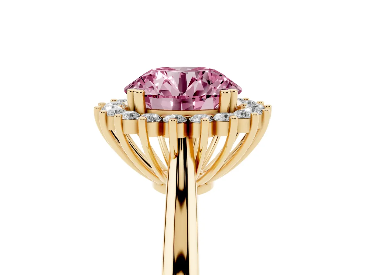 Fancy Pink Round Cut Cut Diamond Halo Ring with Solitaire Band and Prong Setting Yellow gold