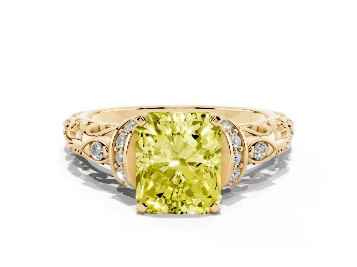 Fancy Yellow Radiant Cut Diamond Solitaire Ring with Filigree Band and Four-Prong Setting Yellow gold