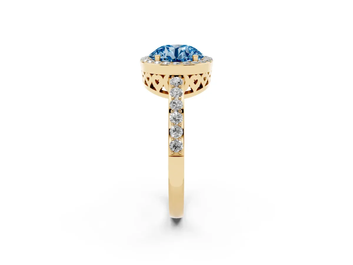 Fancy Blue Round Cut Halo Diamond Pavé Band Ring with Prong Setting Yellow gold