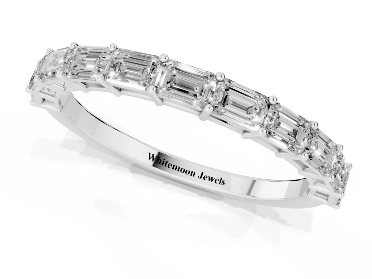 Emerald Cut Diamond Single Row Wedding Band Silver