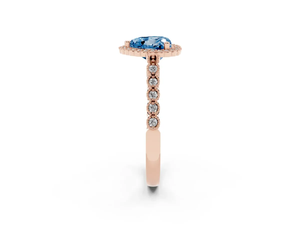 Fancy Blue Heart Cut Cut Halo Pavé Solitaire Ring with Milgrain Band Rose gold