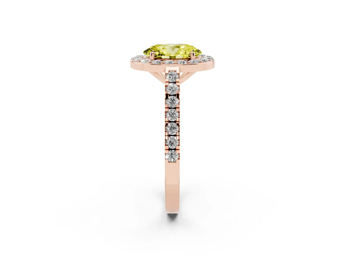 Fancy Yellow Oval Cut Diamond Halo Ring with Round Pavé Split Shank and Prong Setting Rose gold