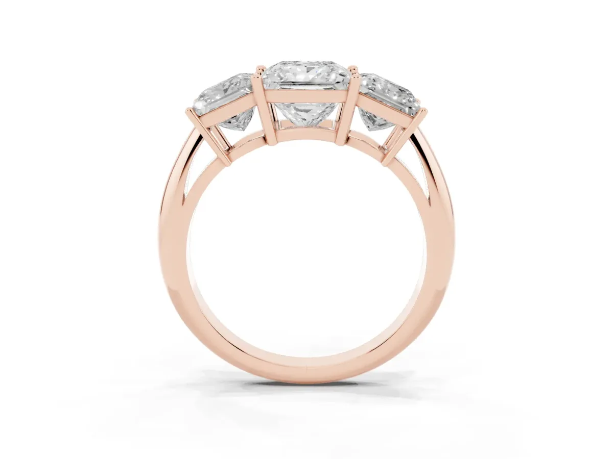 Three-Stone Princess Cut Cut Diamond Engagement Ring with Prong Setting on a White Gold Band Rose gold