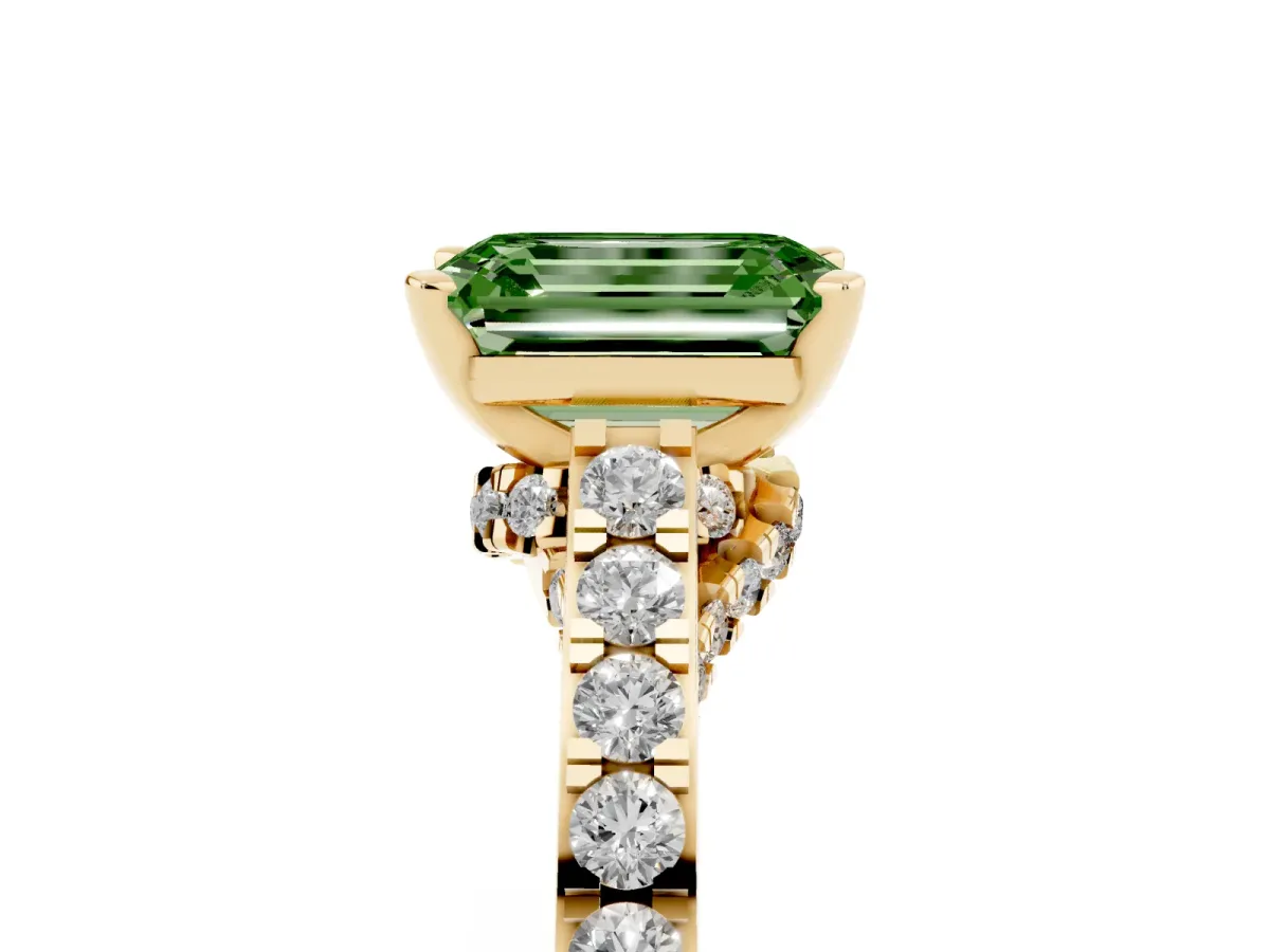 Fancy Green Emerald Cut Diamond Solitaire Ring with Crossover Gallery and Round Pavé Band Yellow gold
