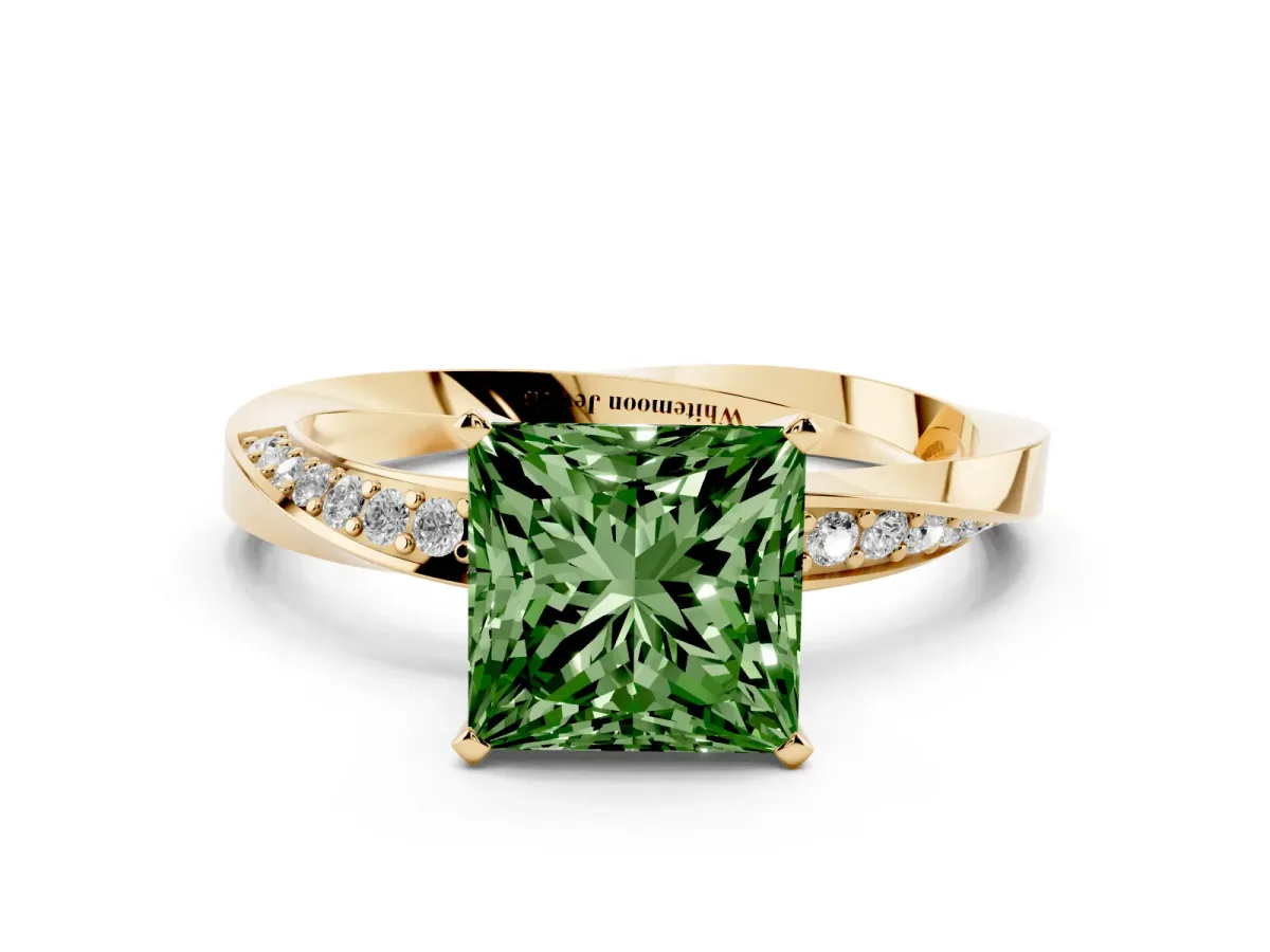 Fancy Green Princess Cut Diamond Engagement Ring with Side Stone Accents and Four-Prong Setting Yellow gold