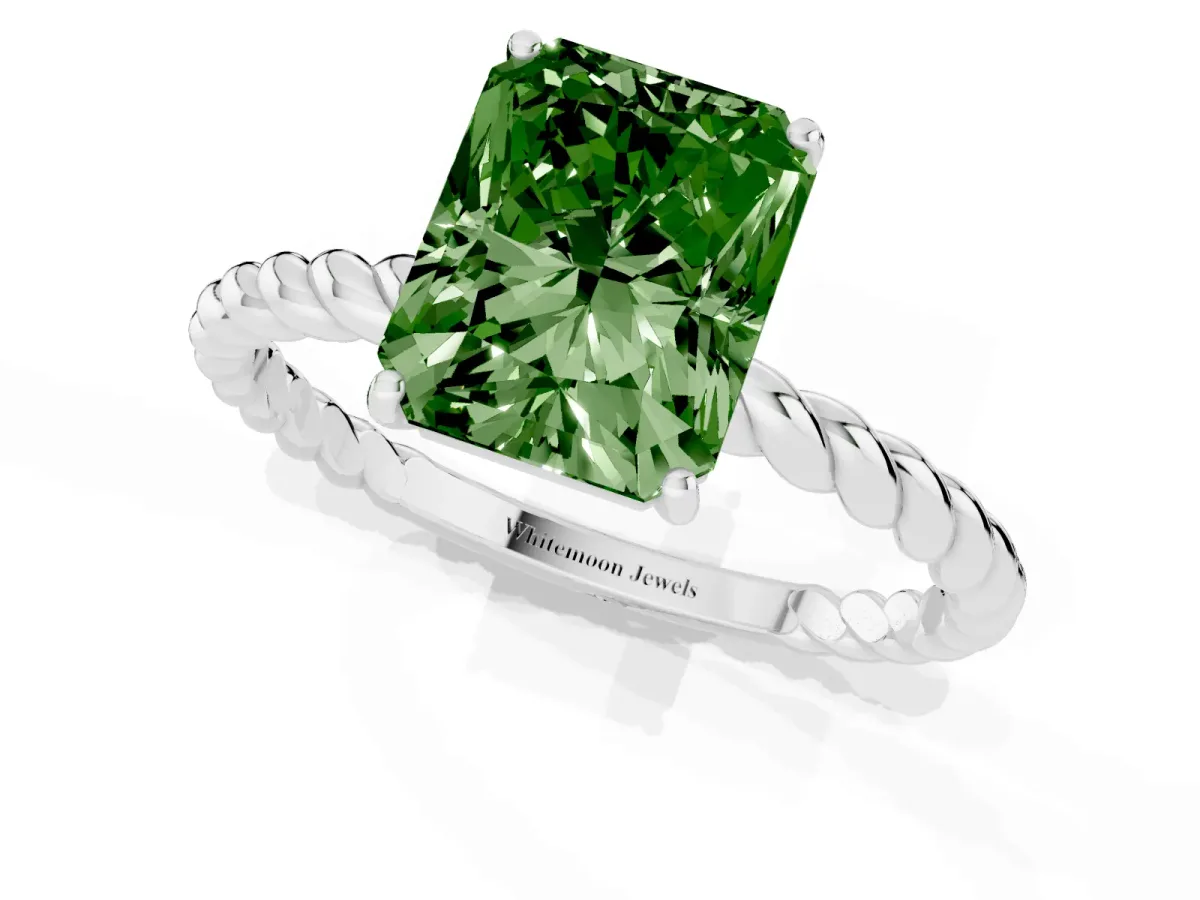 Fancy Green Radiant Cut Solitaire Twist Band Ring with Four-Prong Setting Silver