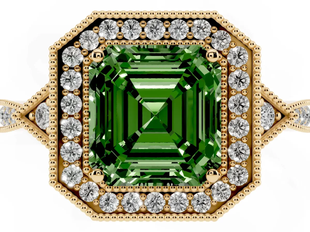 Fancy Green Asscher Cut Halo Round Diamond Milgrain Pave Engagement Ring Yellow gold