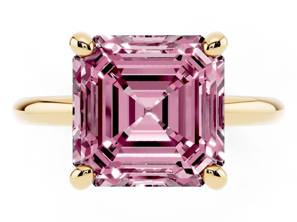Fancy Pink Asscher Cut Solitaire Diamond Ring with Four-Prong Setting on a Plain Band Yellow gold