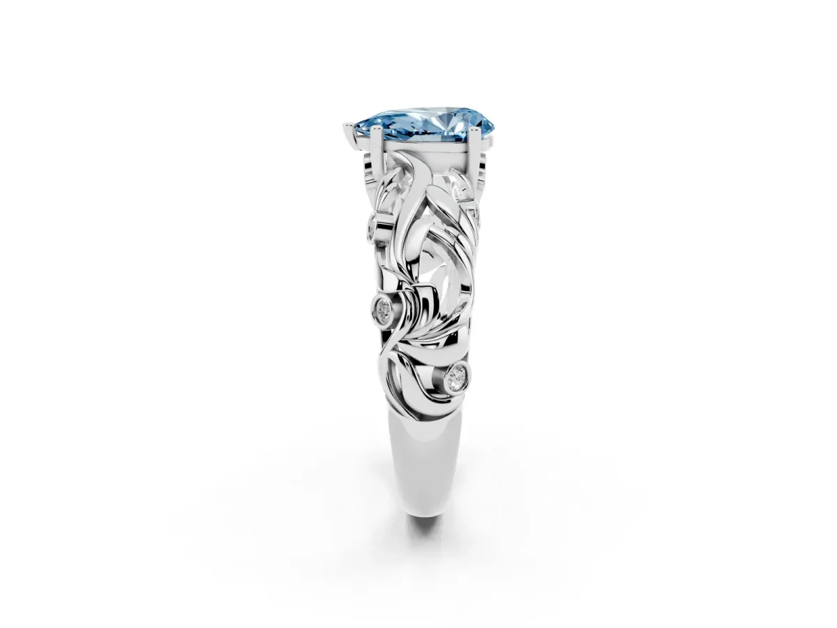 Fancy Blue Pear Cut Solitaire Diamond Leaf-Inspired Vine Band Ring with Prong Setting Silver