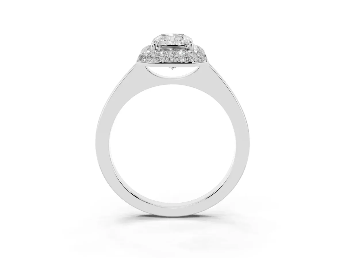 Radiant Cut Halo Diamond Engagement Ring with Solitaire Band and Four-Prong Setting Platinum